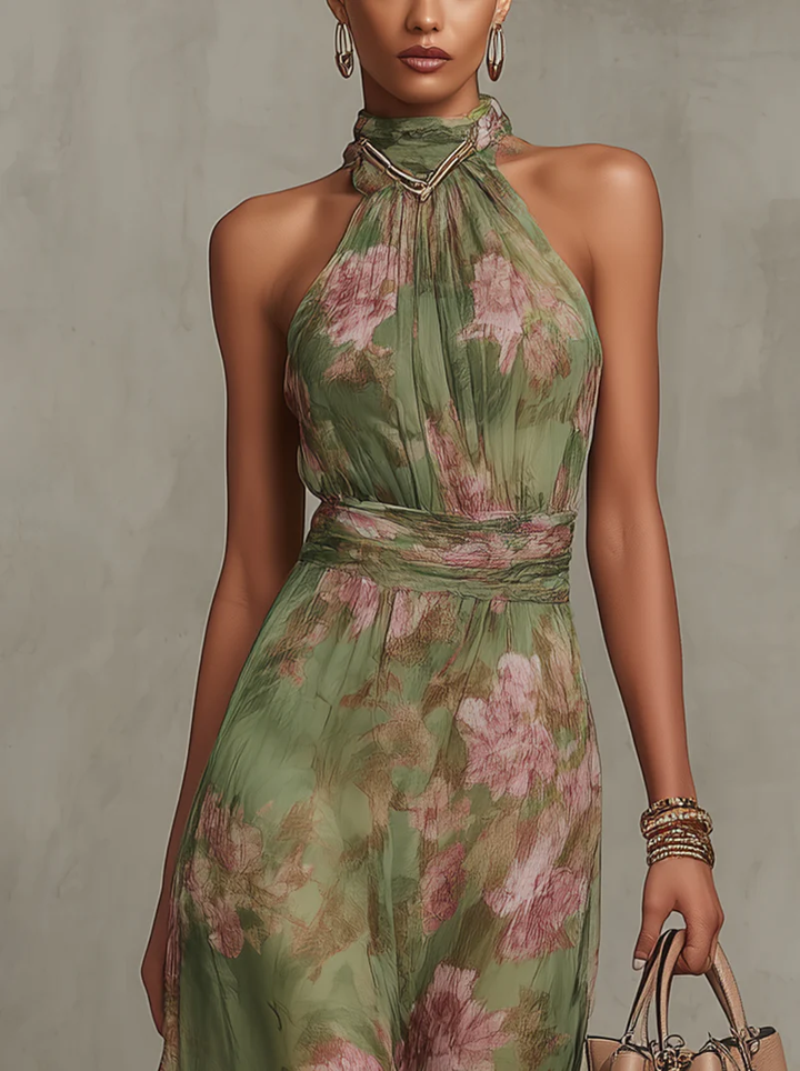 Livia | Elegancka Sukienka Maxi Halter w Kwiaty